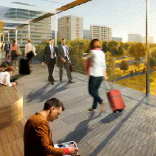 rendering of people walking on a sidewalk in National Landing